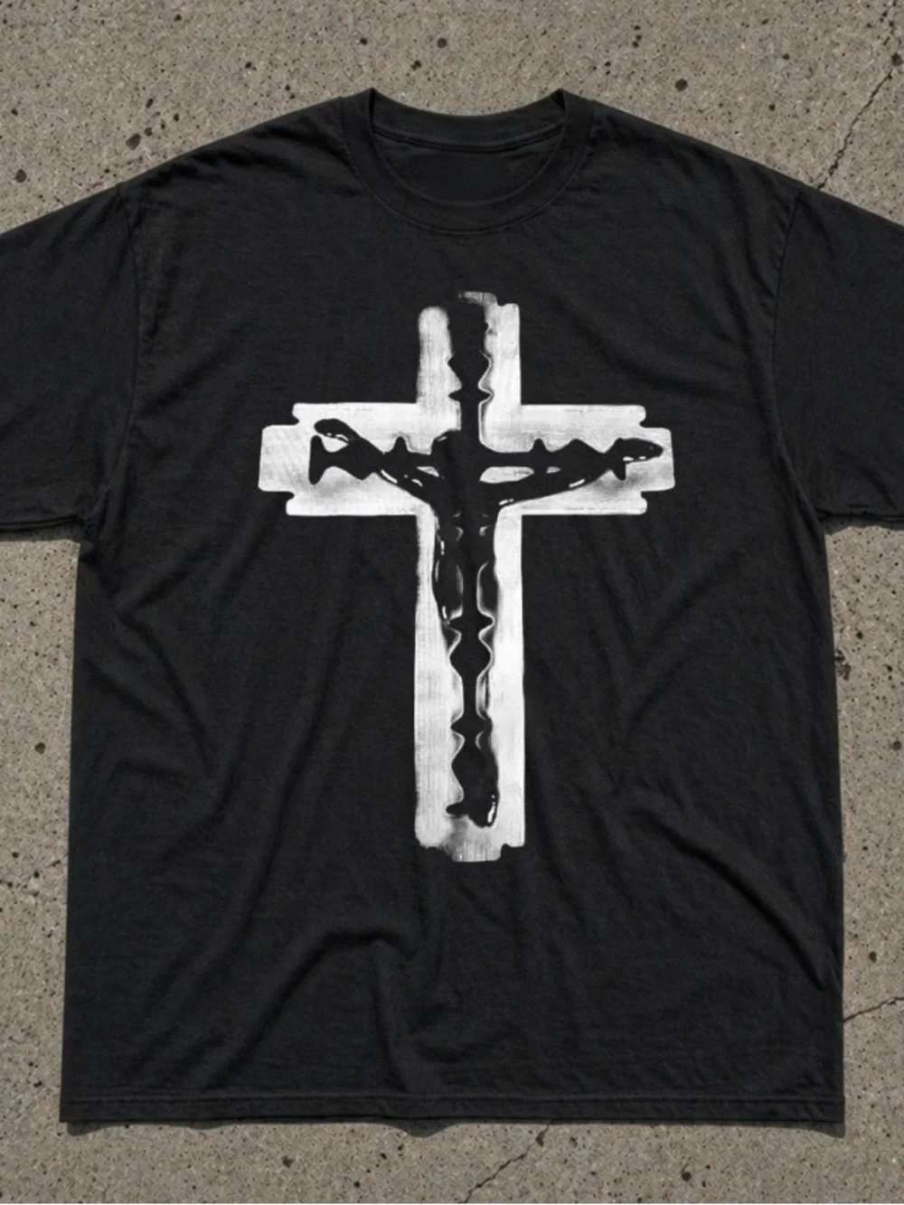 Ink torn cross portrait black T-shirt